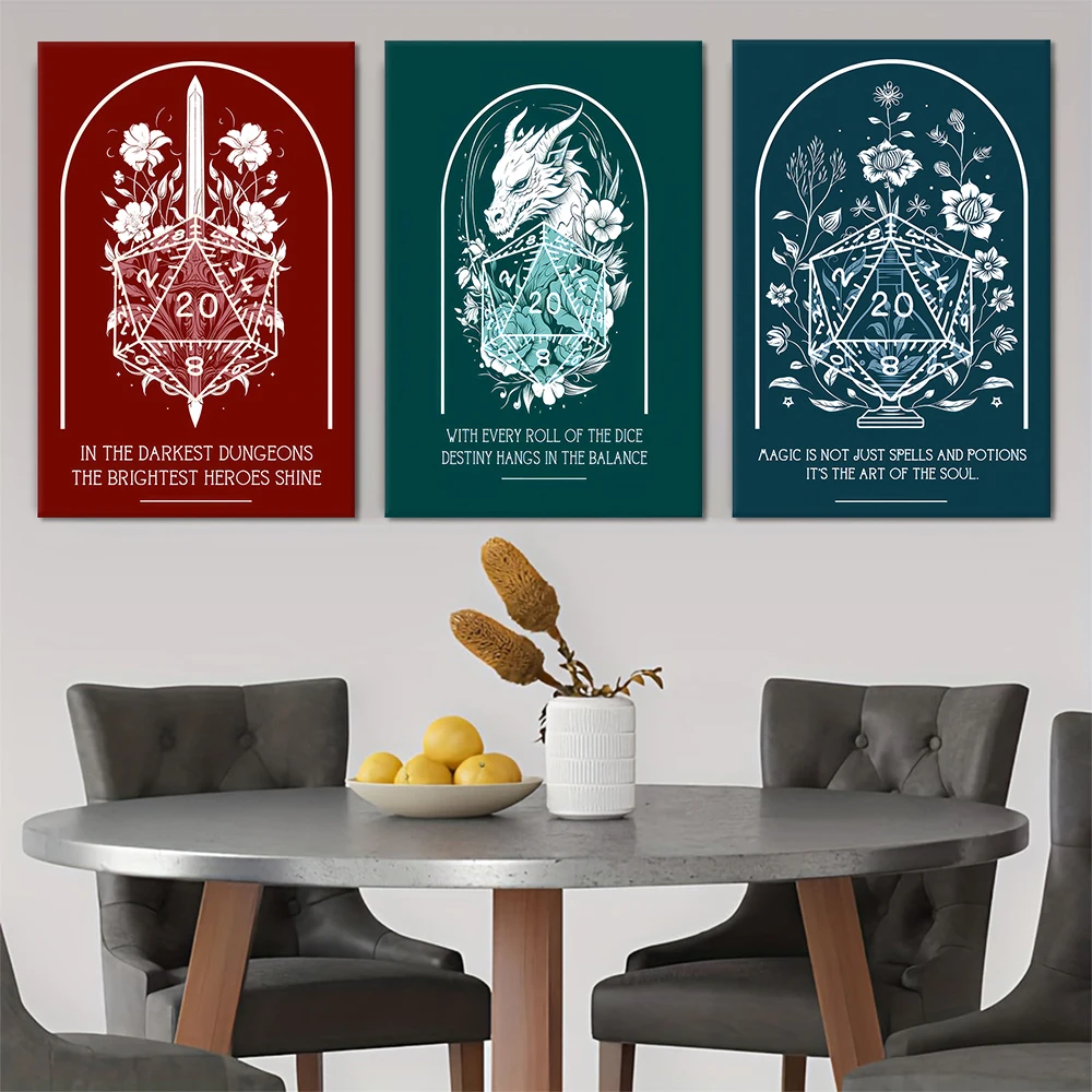 3PC, DND themed canvas decoration, dragon and dungeon, 20 dice and sword patterns, inspirational quotes, home decoration, game p