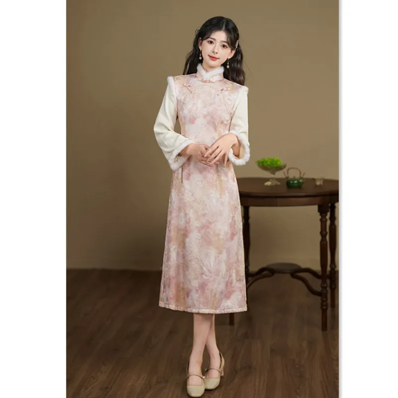 

Pink Stitching Cheongsam Qi Pao Winter New Thickened Long Sleeve Chinese Temperament Young Style Girl Dress