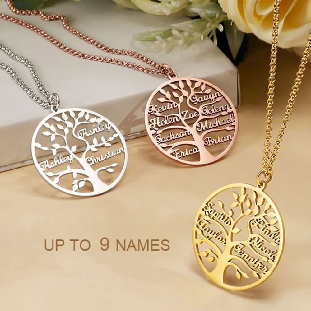 Custom 1-9 Names Stainless Steel Family Tree Pendant Necklace Women\'s Tree of Life Necklace  Family Nameplate Jewelry Fine Gifts