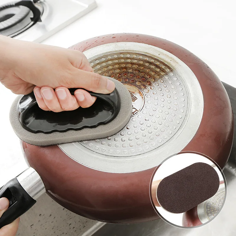 Magic Emery Sponge Brush with Handle Reusable Wipe Eraser Cleaner Kitchen Pot Brush BBQ Strong Decontamination Cleaning Tools