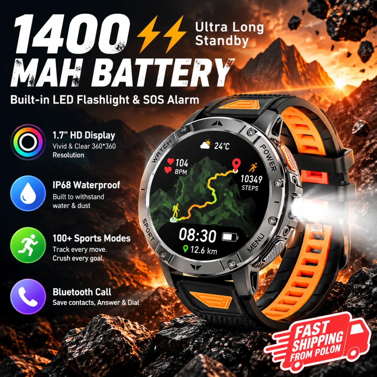 Smartwatch robusto outdoor per uomo display HD 1.7 pollici batteria grande 1400mAh Bluetooth 5 2 chiamate ricevere e comporre monitor frequenza cardiaca e ossigeno nel sangue impermeabile IP68 oltre
