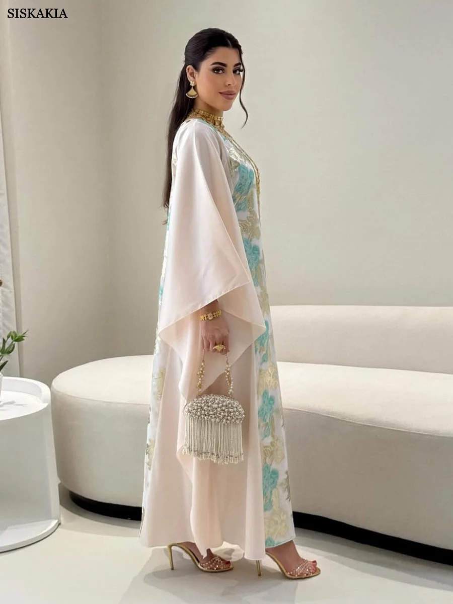 Luksusowa żakardowa damska suknia wieczorowa 	 Dubaj Batwing Sleeve Gold Stamping Abayas Kaftan 2025