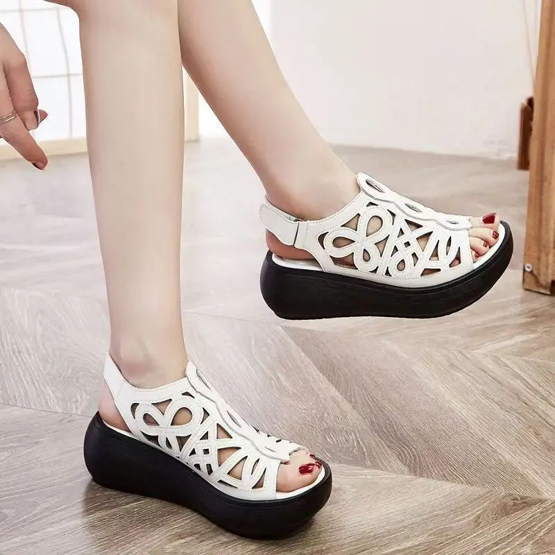 

Women Wedges Hollow Out Peep Toe Sandals Summer New Thick Sole Non Slip Breathable Velcro Casual Sandals Outdoor Beach Sandals