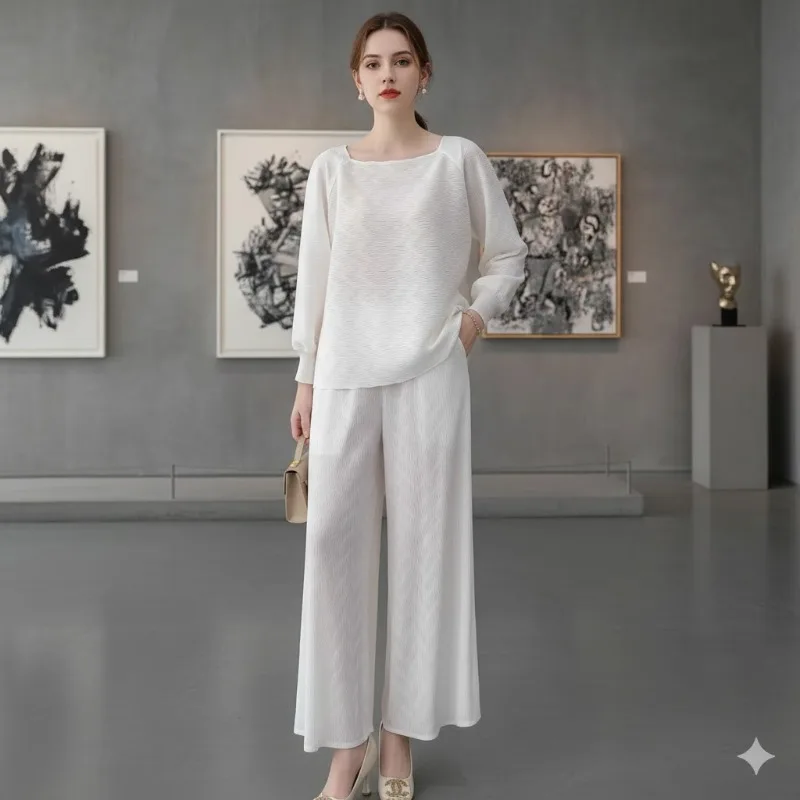 

Miyake Pleated Pants Set 2026 Spring New Wind Wide-legged Pants Female Drape Senior Sense Pleats Set Loose Leisure 2-piece Set