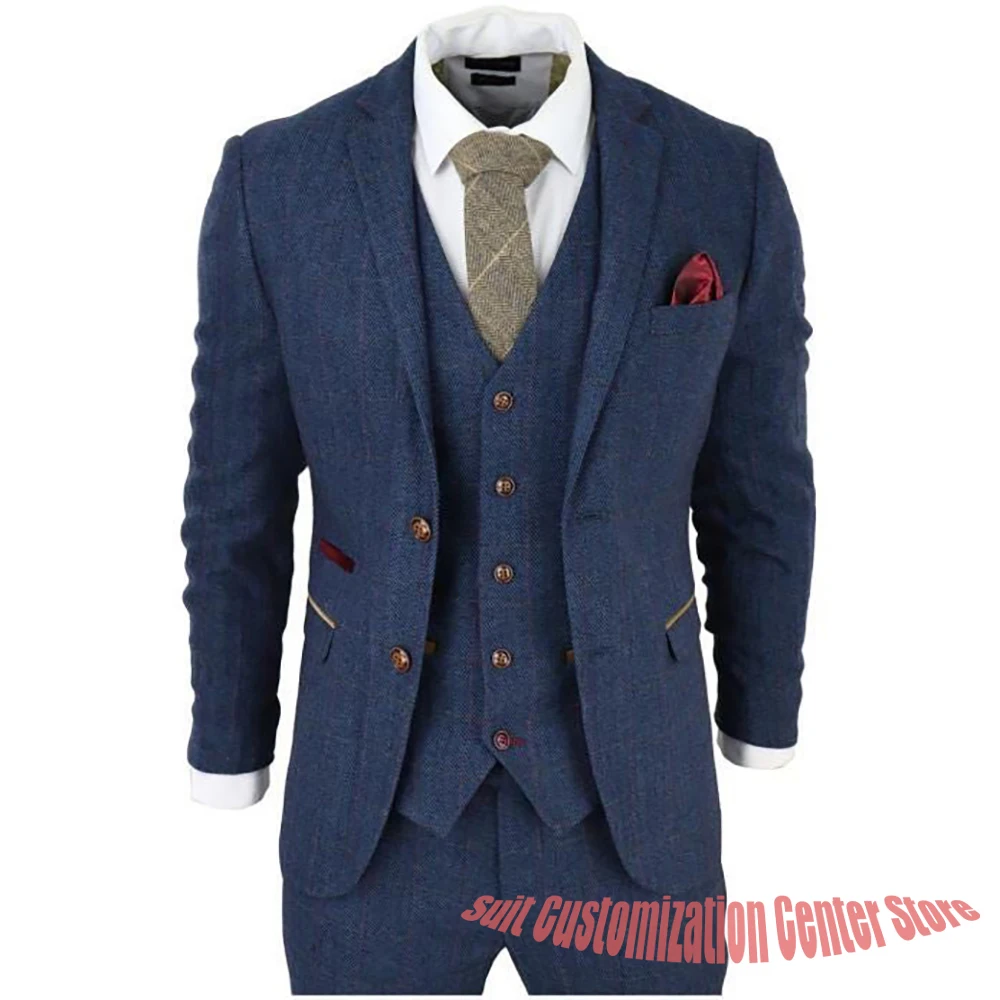 

Формальные мужские темно-синие костюмы из твида, комплект из трех предметов, однобортный винтажный деловой свадебный пиджак с лацканами, жилет и брюки, комплект