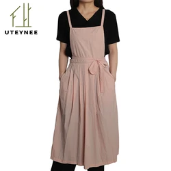 Uteynee Long Kitchen Waterproof Apron with Custom Logo for Women Anti-dirty Pleated Pinafore with Pockets for Nail Beauty Salon