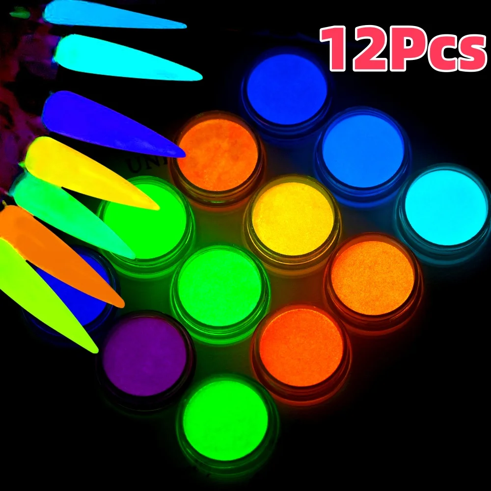 12 สี Luminous Nail Art Glitter ผงสีเขียว/สีส้ม/สีฟ้าเรืองแสงใน Dark Neon Pigment ฝุ่นสําหรับแต่งหน้าเล็บตกแต่งแป้ง