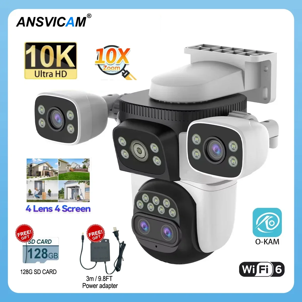 ANSVICAM UHD 20MP 10X Zoom Four Screens WiFi IP Camera Wireless Outdoor Four Lens Human Auto Tracking Surveillance 10K Cameras