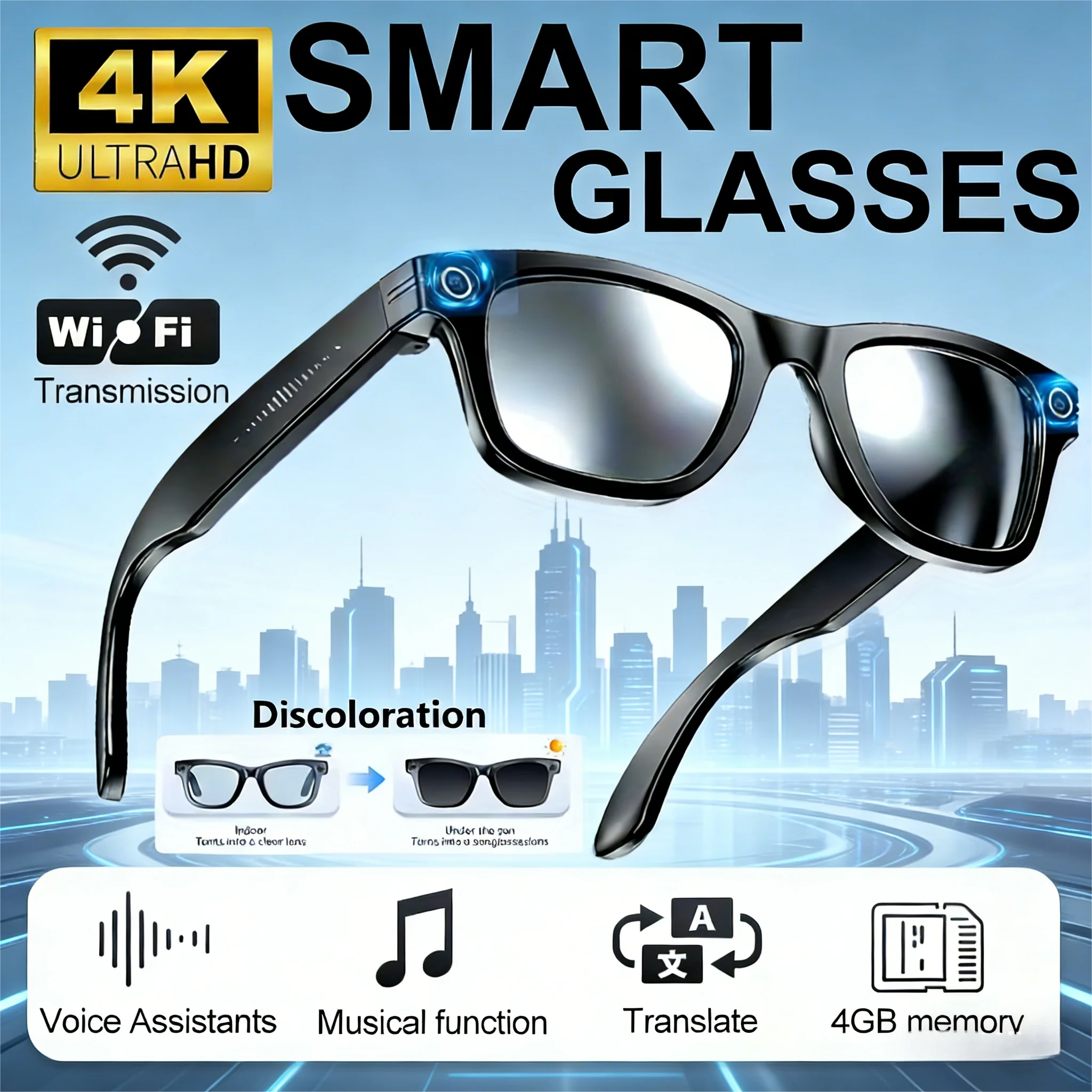 

AI Smart Video Glasses with Camera and Photo Capabilities, featuring an 8MP camera, 1080P HD video recording, 4K resolution,