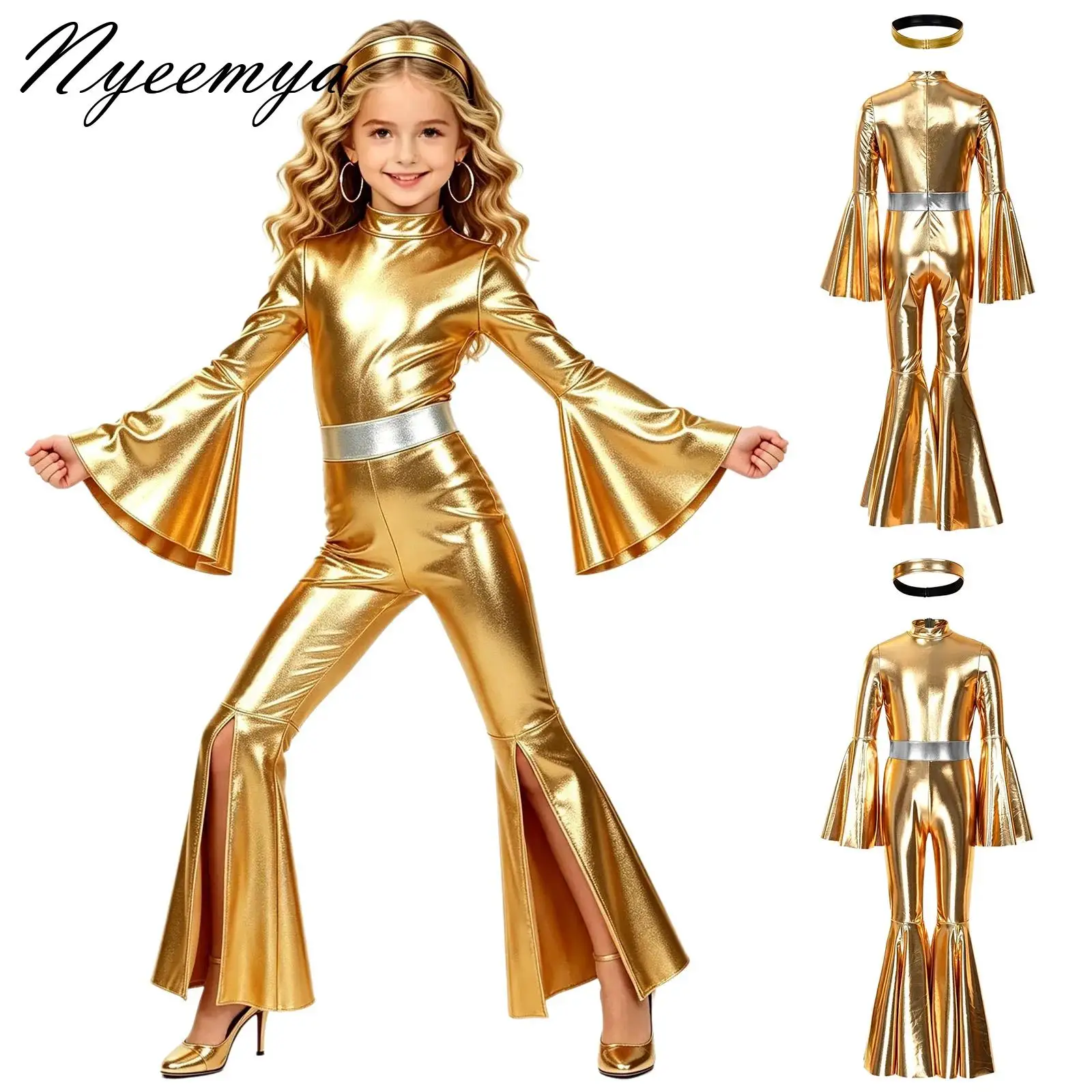 Child Metallic Shiny 70S Disco Dance Singer Bell-bottom Jumpsuit Halloween Theme Party Vintage Hippie Dress Up Costume Dancewear