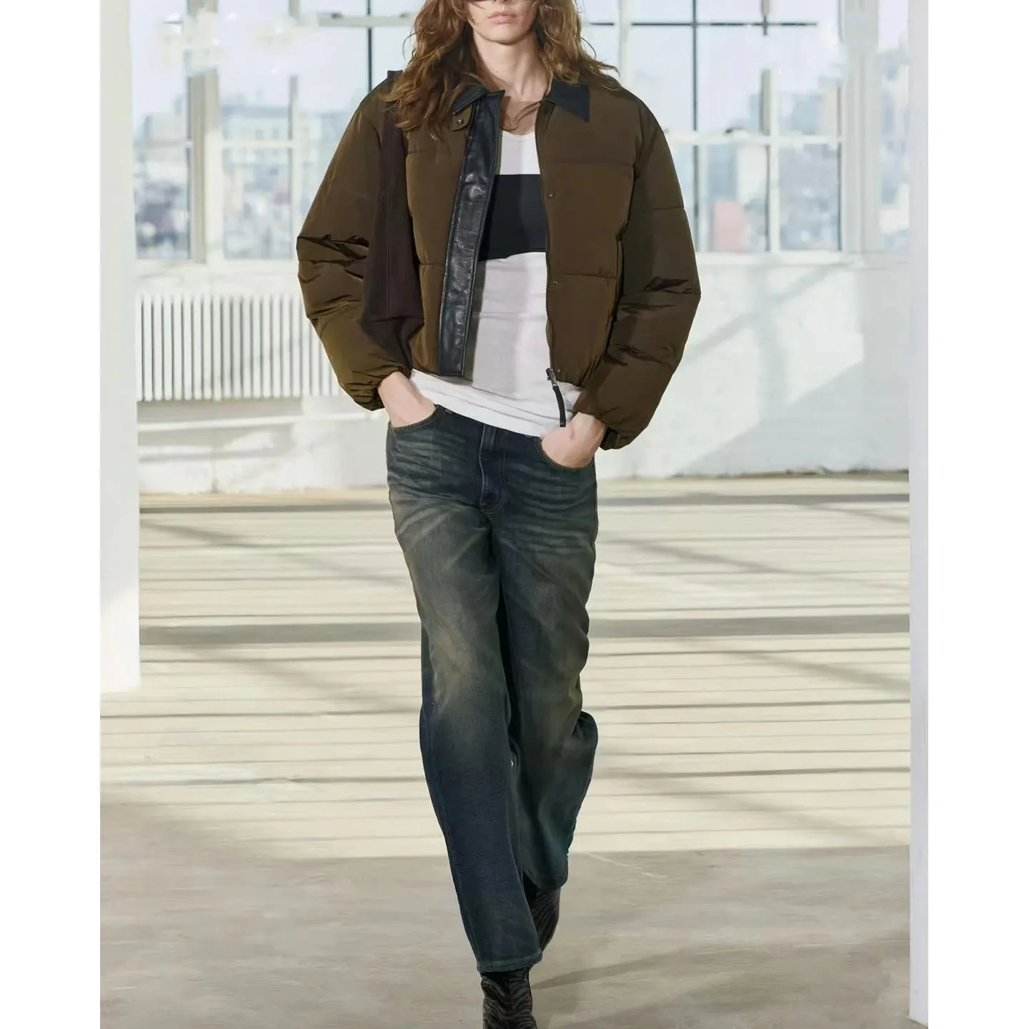 Retro suelto Casual Collar largo Sve Color Blo PU cuero algodón Jaet mujer ort prendas de vestir exteriores otoño nueva llegada