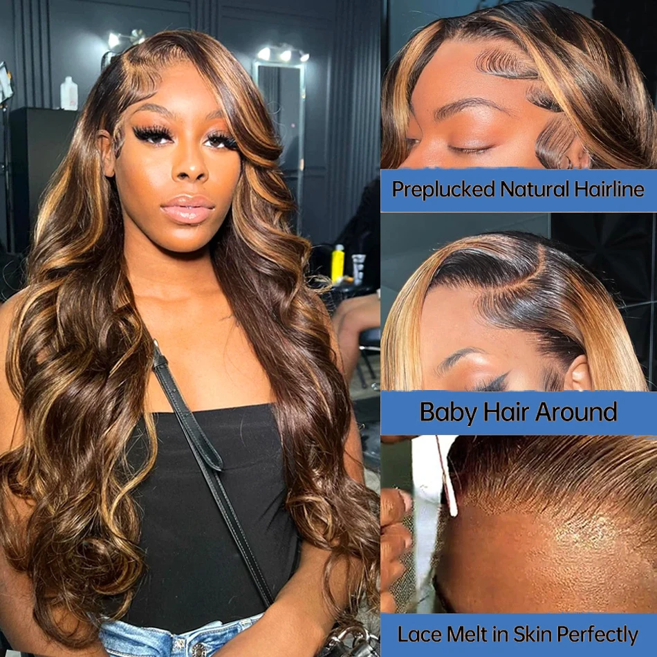 4/27 Colored Highlight Ombre Lace Frontal Wig Body Wave Human Hair Wigs 13x4 Lace Frontal Wigs Brazilian Hair For Women 30 Inch