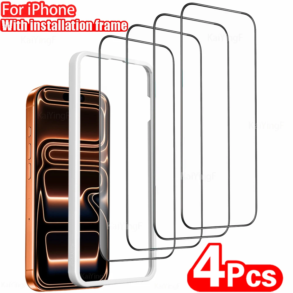 4 Stück 9H+ Härtegrad Panzerglas für iPhone 17 18 16 15 14 13 12 Pro Max Displayschutzfolie mit Installationsrahmen Glasfolie