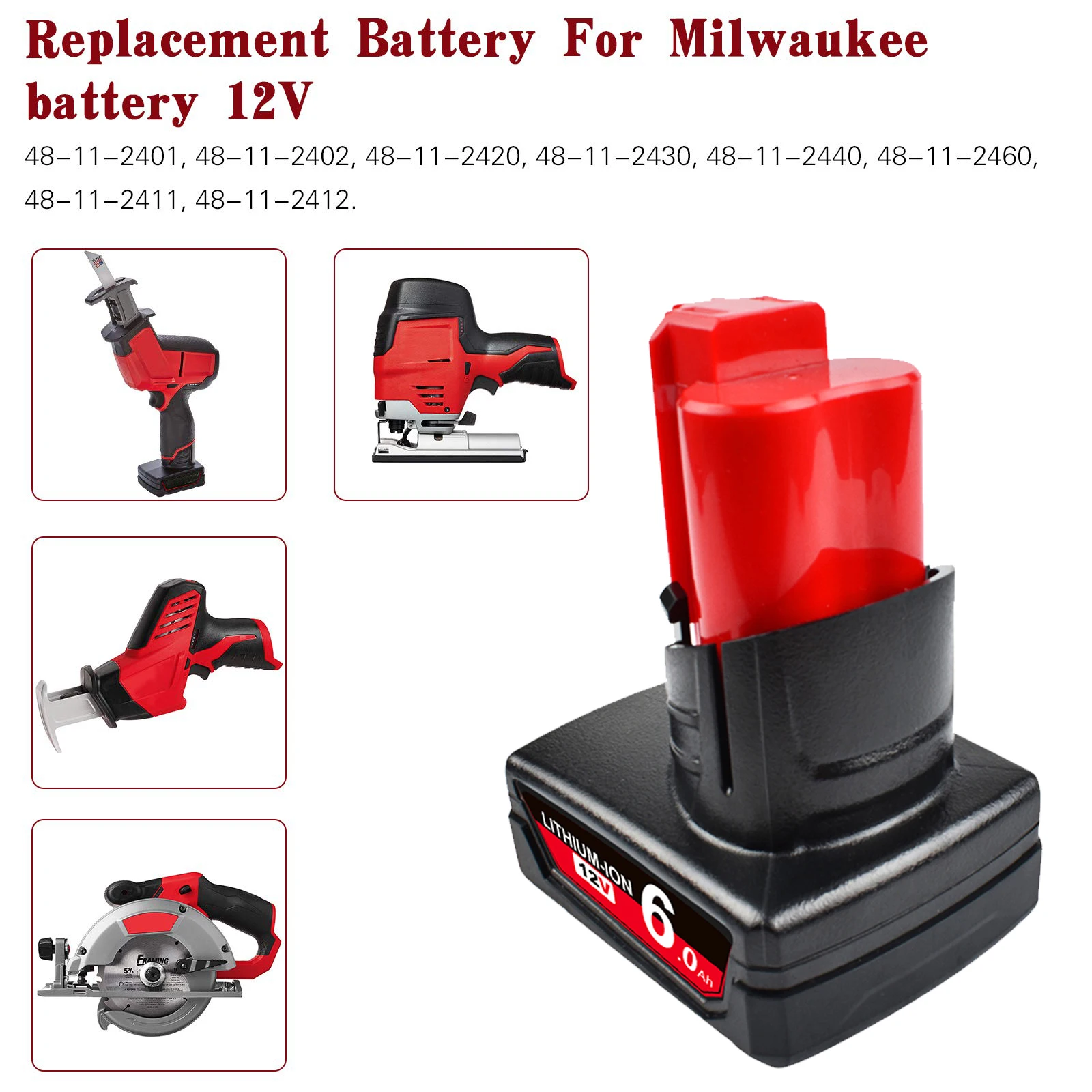 Turpow-リチウムイオンバッテリー12v,6000mah,milwaukee 12 xc用,コードレスツール48-11-2402 48-11-2411,48-11-2401