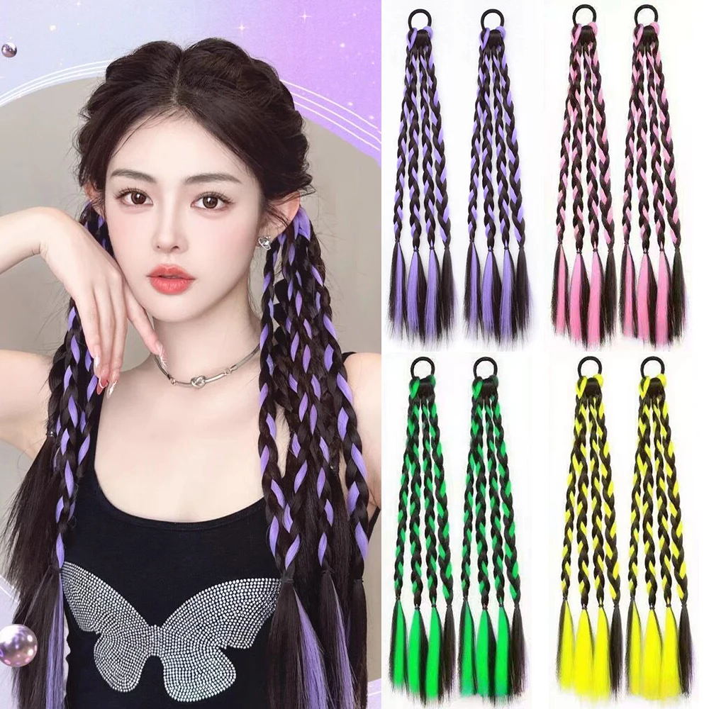 2 Pcs Elastic Band Sweet Cool Highlight Boxing Braid Ponytail Synthetic Hair Heat Resistant Hair Accessories for Women