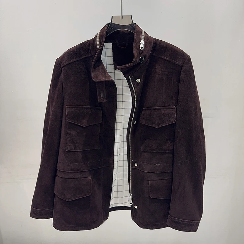 เสื้อแจ็คเก็ตสปริงสำหรับผู้หญิง คุณภาพสูง หนังกลับเด็ก สีคาราเมล/กาแฟ สไตล์วินเทจ คอตั้ง มีกระเป๋า ซิป หนังแกะ Casaco Feminino