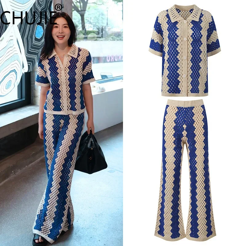 CHUJIE 2025, Sommer-Cardigan-Hosen-Set im französischen Stil, Blau, Weiß, Boho, Strand, Hochzeit, hohle Spitze, Sommergast – Viskose-Nylon