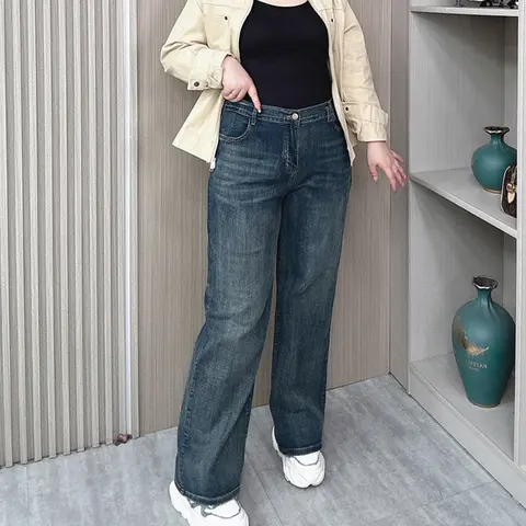 여성용 하이 웨이스트 스트레이트 청바지, 느슨한 스트레치 데님, 캐주얼 와이드 레그 팬츠, 플러스 사이즈, 용수철, 가을, 신상
