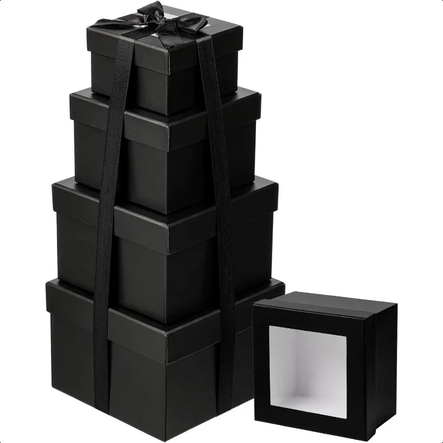 

Square Gift Boxes with Lids for Presents Small Black Gift Box with Clear Window Nesting Boxes Set of 4 Flower Box for Arrangeme