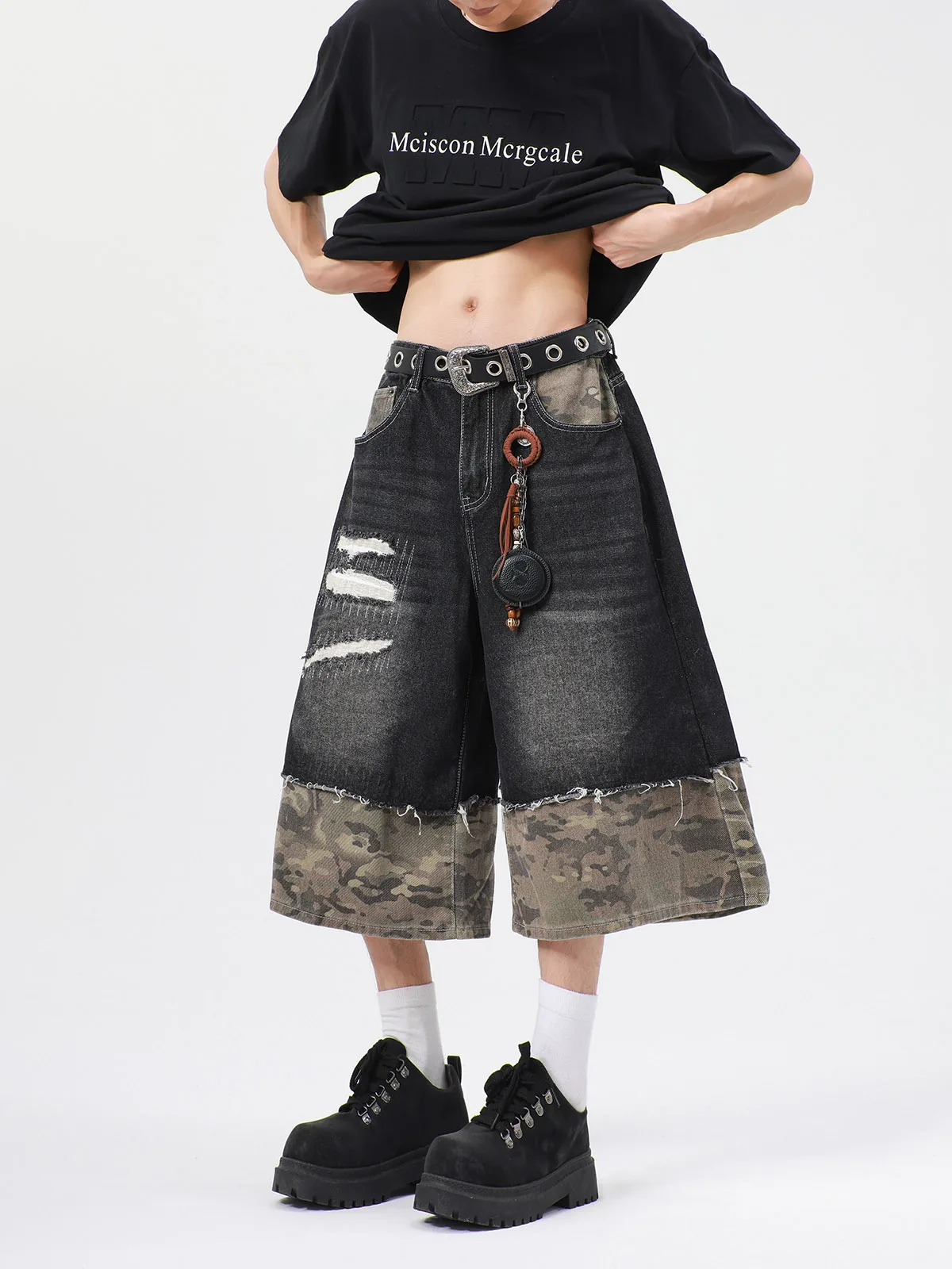 Camouflage Patchwork Frayed Denim Shorts Unisex Summer American Design Loose Wide Leg Seven-Foot Pants Trendy Casual Jeans