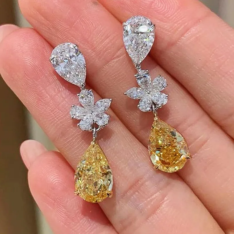 Huitan Aesthetic Bride Wedding Earrings with Pear Yellow Cubic Zirconia Flower Design Earrings for Women Luxury Trendy Jewelry