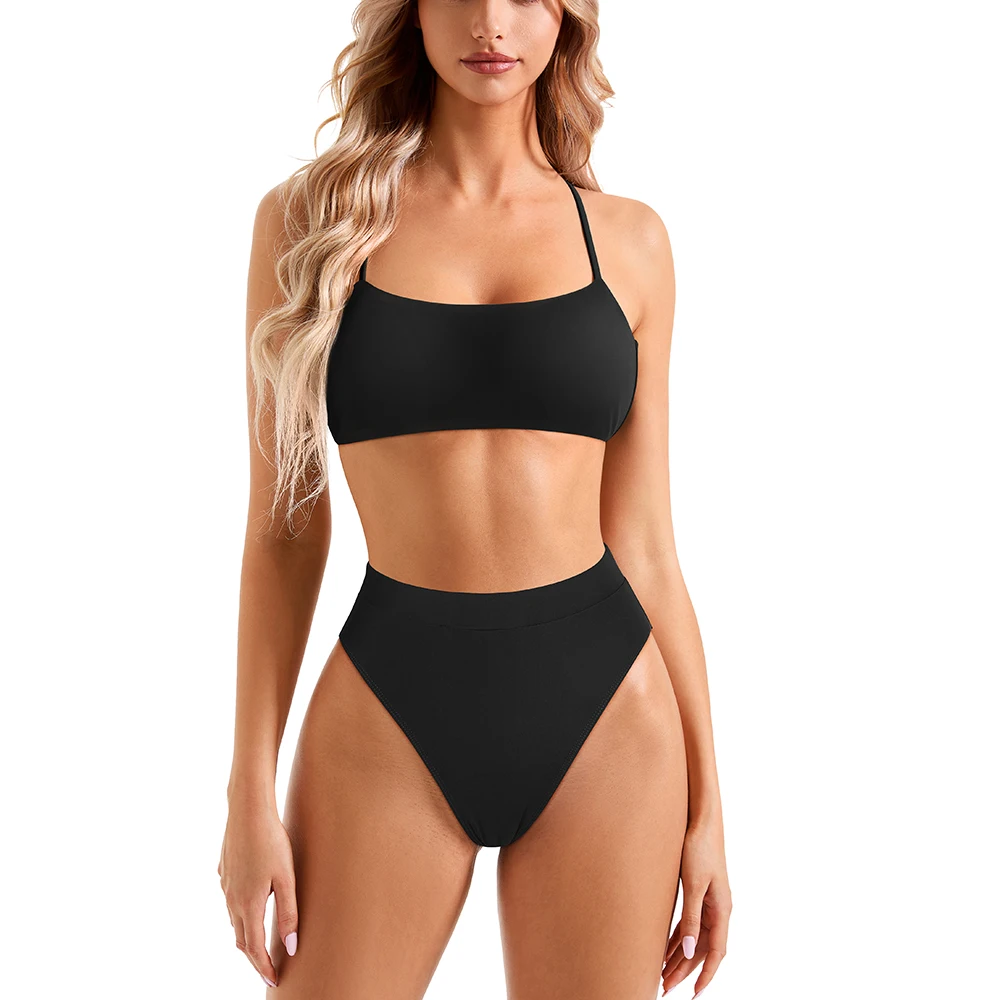 ارتفاع واسط مجموعة البكيني النساء حزام الكتف المايوه الصلبة ملابس السباحة مثير رفع 2 قطعة بيكيني مجموعات الإناث
