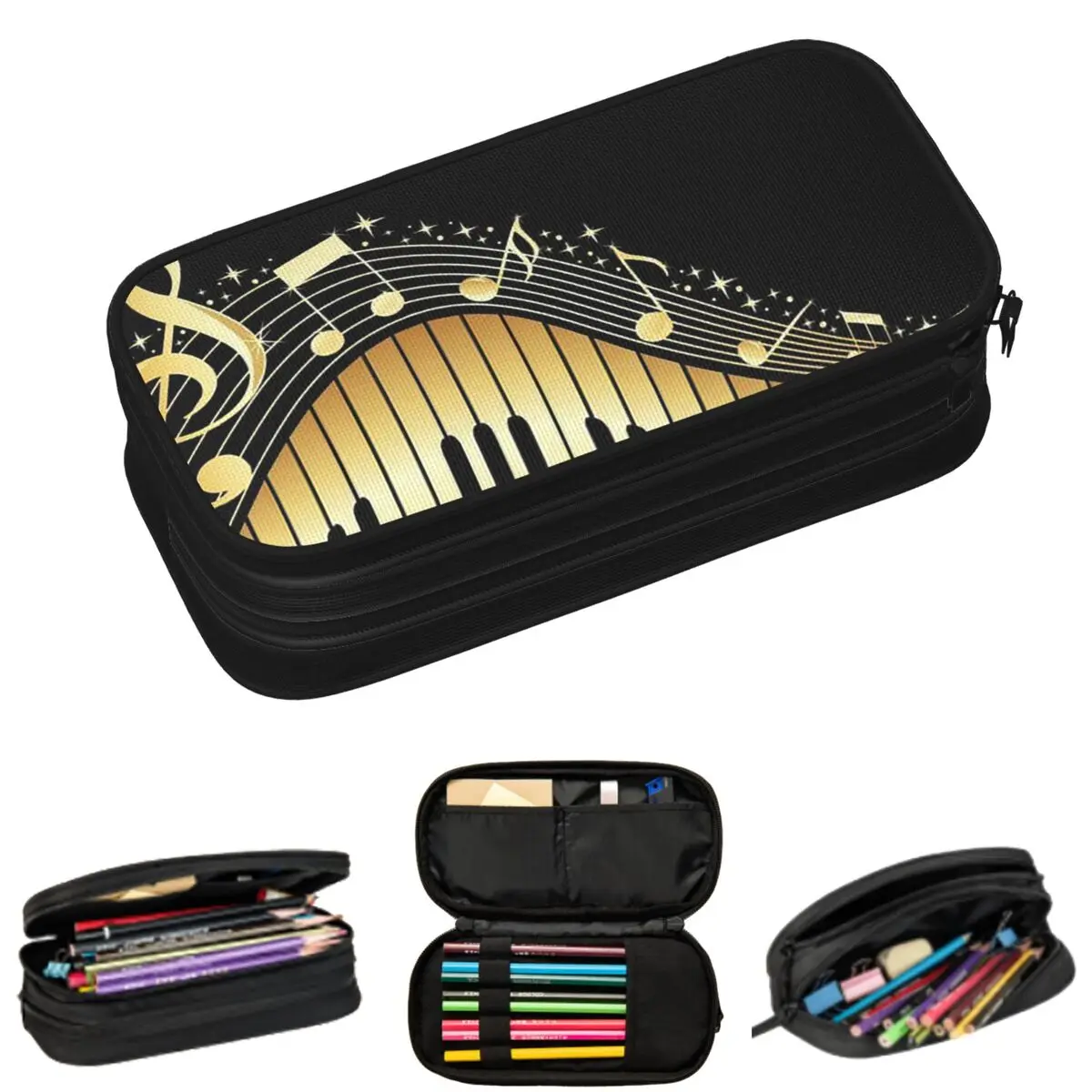 

Черно-белые пеналы с изображением фортепиано и золотых музыкальных нот для студентов, подарочные пеналы, пеналы-коробки, пеналы-косметички, пеналы с большим объемом для хранения