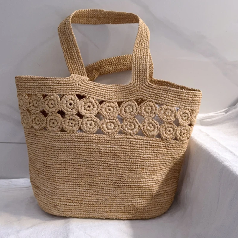 

Summer Women's Straw Woven Bag High-Quality Lafite Grass Hollow Hook Flower Handbag Hand Woven Shoulder Bag