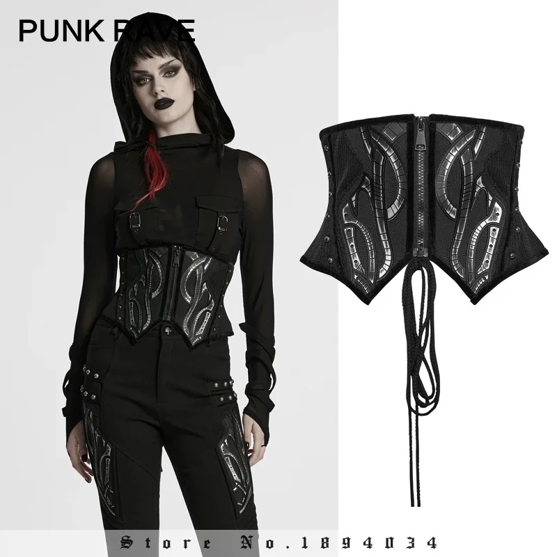 PUNK RAVE Damen-Cyberpunk-Korsett aus atmungsaktivem Mesh, symmetrischer spitzer Saum, Nieten, geheimnisvoll, verstellbares Kordelzug-Zubehör