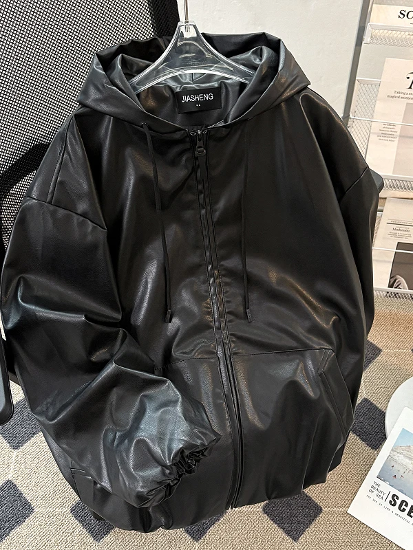 

American Sle Men's Biker Jaet Hooded PU Leather Coat Trendy Haome Loose Fit Motorcycle Clothing Upperwear