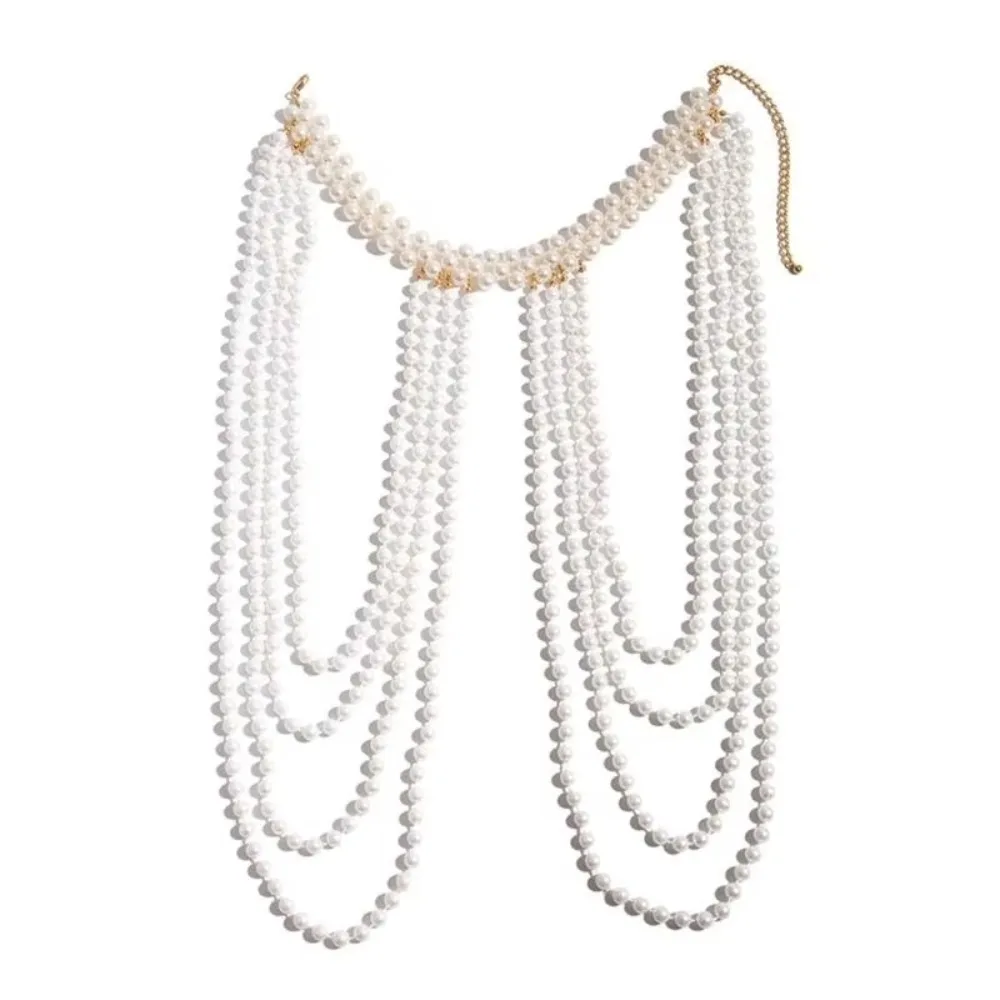 

Handmade Jewelry Imitation Pearls Shoulder Chain Round Bead Gold/Silver Chain Bridal Tassel Necklace Black/White Beads Elegant