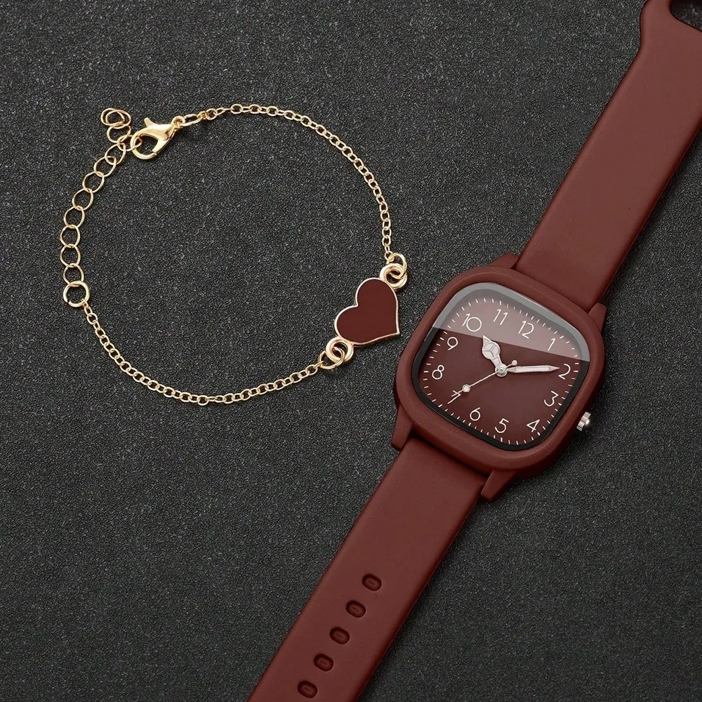 2PCS/Set Square Dial Women Quartz Watch Silicone Strap Quartz Movement Women Watch Heart Bracelet Arabic Dial Watch Women Girl