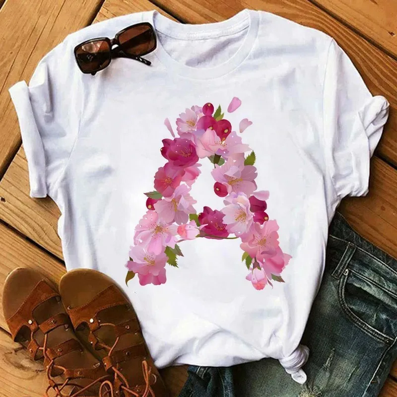 

26 Letters Print T-Shirt Alphabet with Pink Flower Harajuku White Graphic Tee Casual Short Sleeve Lady Y2k Tops Women's Clothing