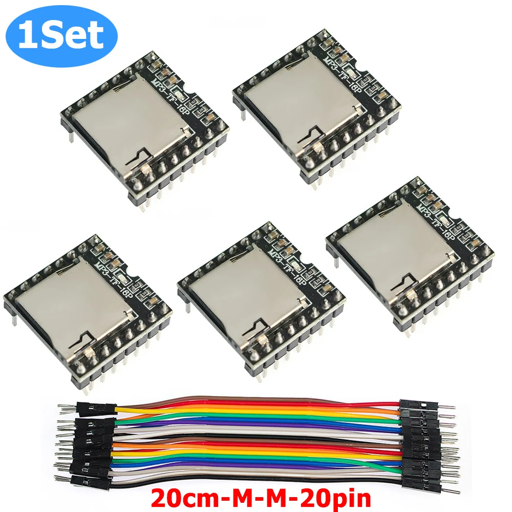 1 Juego de Mini reproductor de MP3 DFPlayer MP3-TF-16P con línea DuPont de 20cm, tarjeta TF de 16P, disco U, Mini reproductor MP3 DF, módulo de Audio y voz
