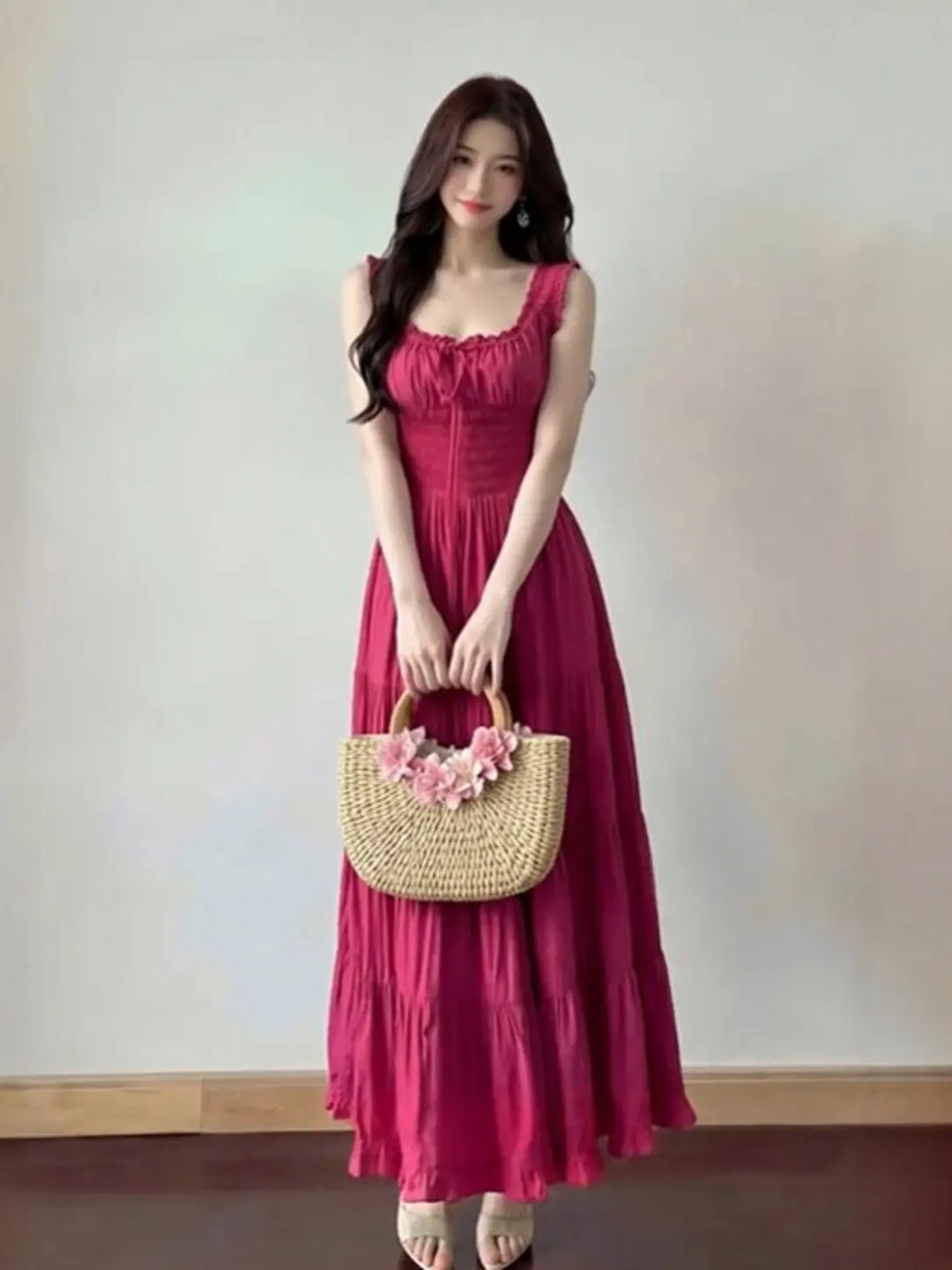 

Retro Unique Beautiful Slimming Strap Long Dress Summer Beach Vacation Style Absolutely Beautiful Women's Dress Cotton Material