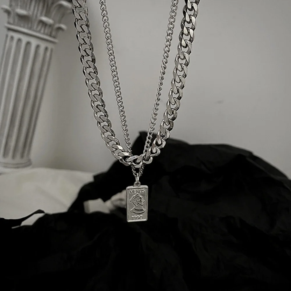 Retro Doppelschichtige Kubanische Kettenkette Hip-Hop Herren Edelstahl Anhänger Halskette Modische Pulloverkette Schmuck – Detail 4