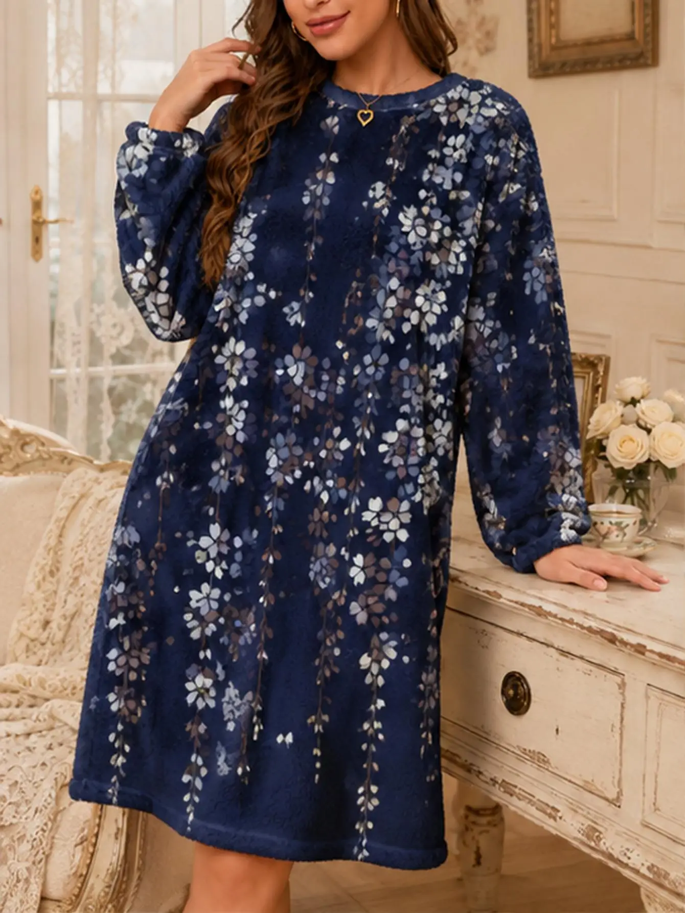 Plus Size Women Navy Blue Floral Print Fleece Nightgown Long Sleeve Round Neck Warm Loose Sleep Dress Ladies Winter Loungewear