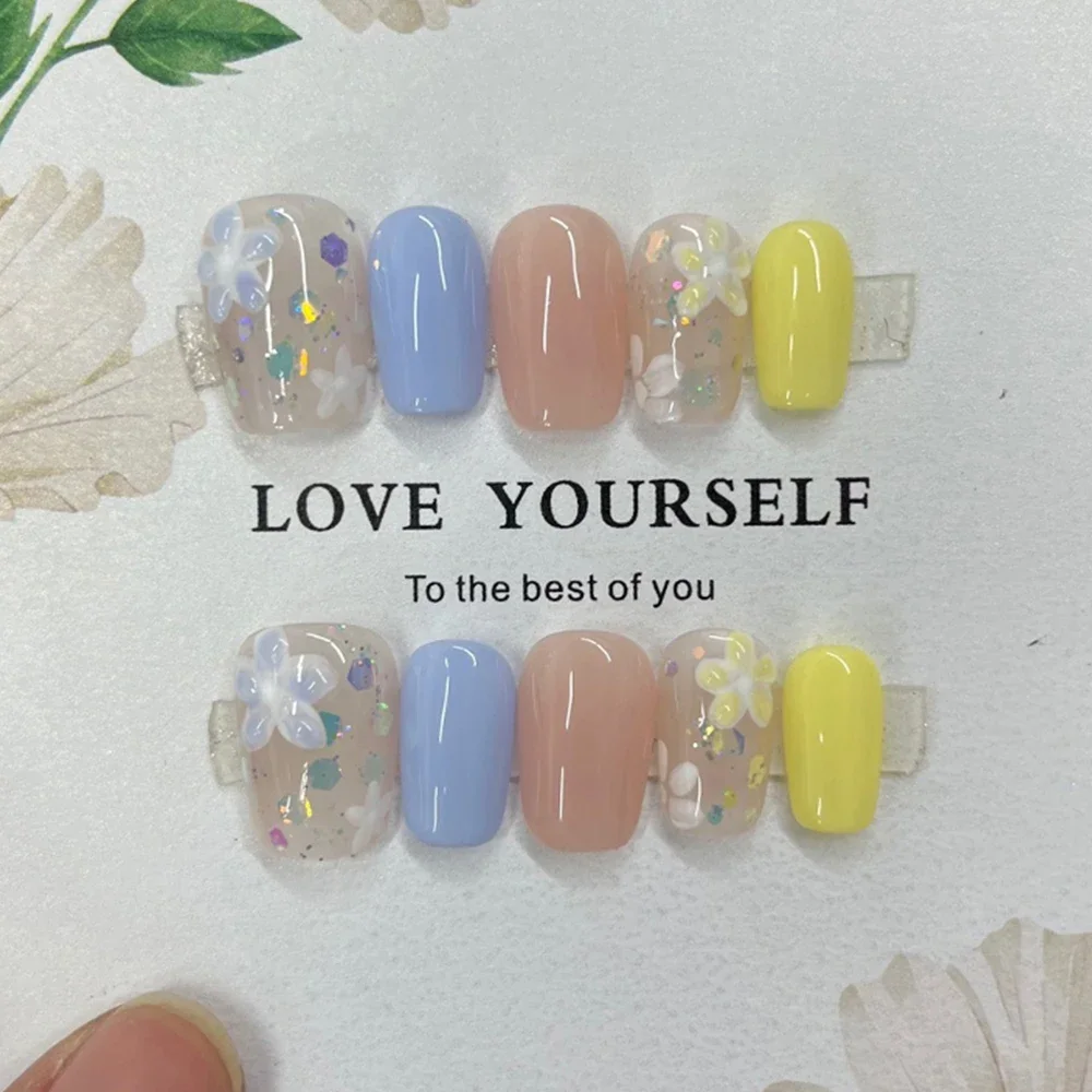 다채로운 짧은 사각형 라운드 그라디언트 재사용 가능한 전체 커버 네일 하이 엔드 꽃 고양이 눈 가짜 손톱에 다이아몬드 인공 프레스