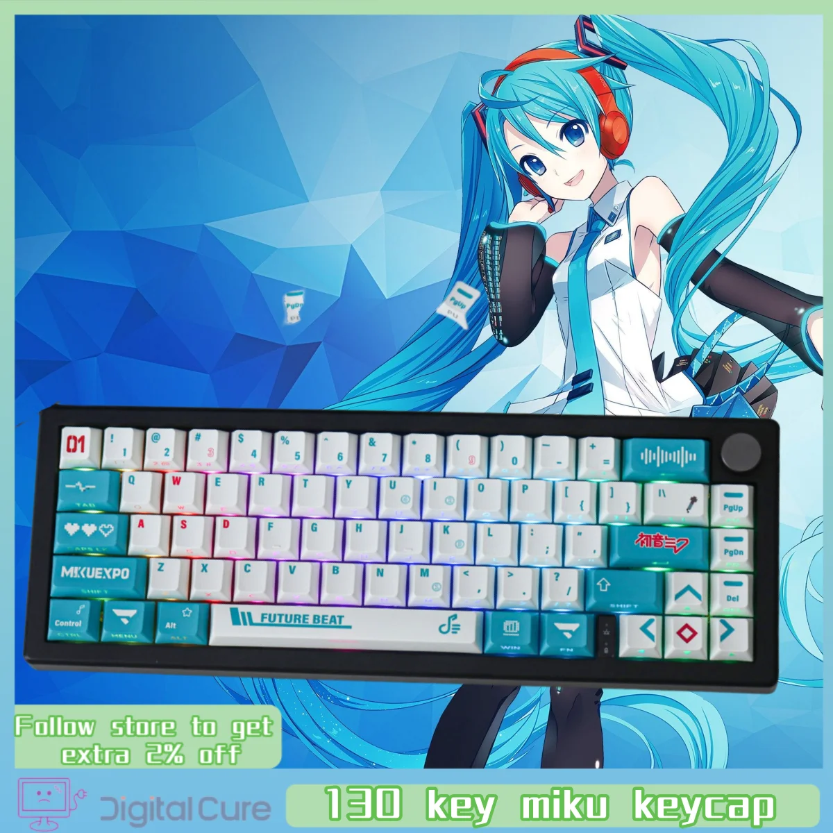 2024 Miku Side Transparent 130 Key Mechanical Keyboard Keycap Pbt Thermal Sublimation Original Factory Height Adaptation 61/87