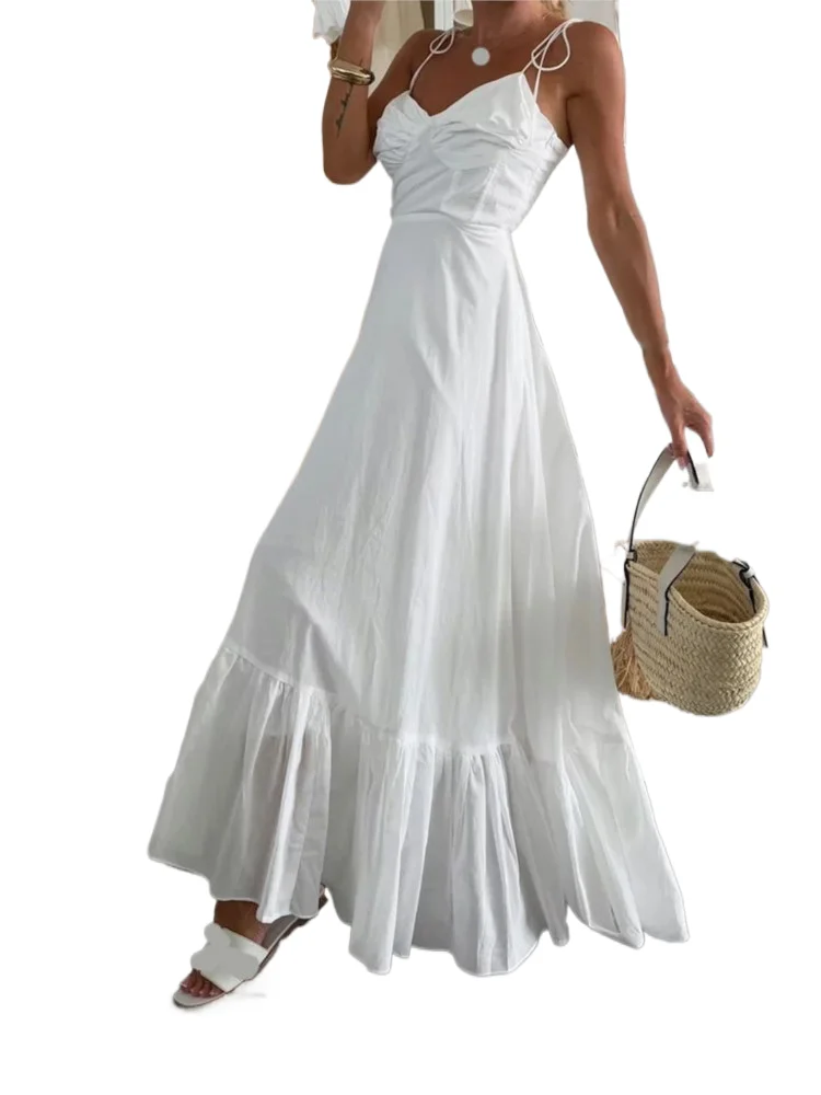 

Elegant Solid Loose Dress For Women Fashion Sexy Sleeveless Spaghetti Strap V Neck Dresses Robe Femme Casual Holiday Beach Skirt