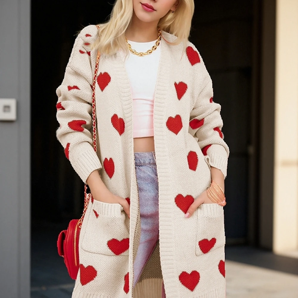 سترة نسائية طويلة مطبوعة برقبة على شكل حرف V مفتوحة من الأمام كاجوال عصرية للخريف والشتاء أنيقة وعصرية يوميًا