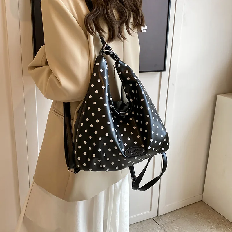 

2025 Casual Soft PU Leather Women Backpacks Fashion Polka Dot Zipper Design Schoolbags Portable Large Capacity Shoulder Bags