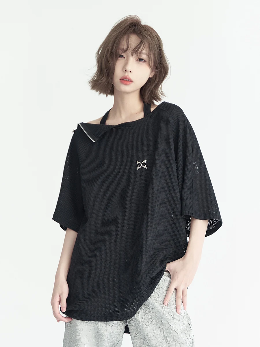 

Новая летняя женская футболка свободного кроя ort Sve, дизайн на молнии, повседневный удобный топ из смеси полиэстера