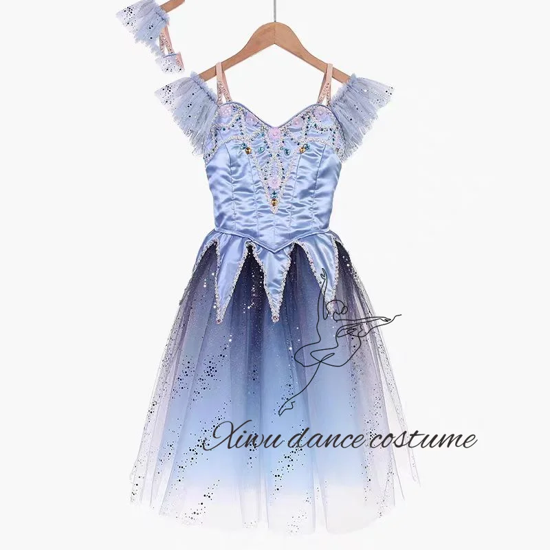 Fancy  Custom Size Kids Girls Peasant Gilsay Ballet Dance Performance Wear Costumes Long Blue Romantic Tutu Dress