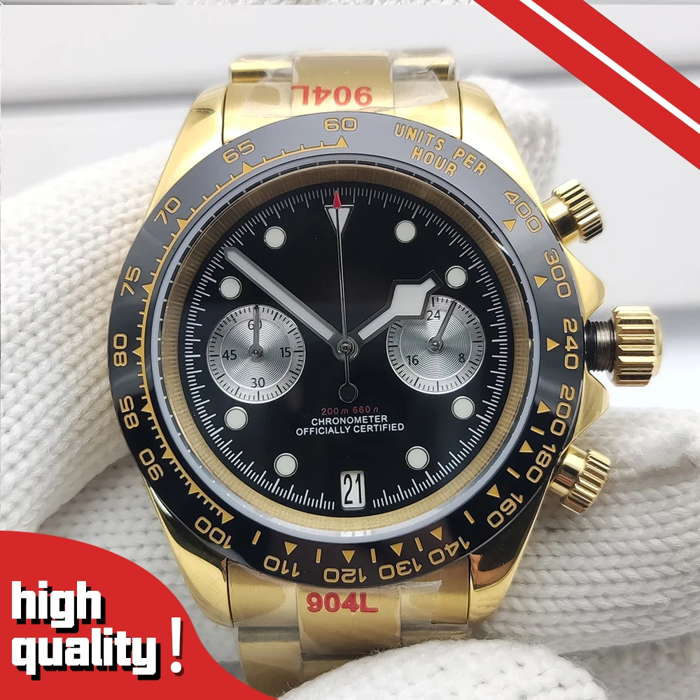 

Luxury business style Gold stainless steel case panda dial Japan Quartz Vk63 Multifunctional chronograph waterproof