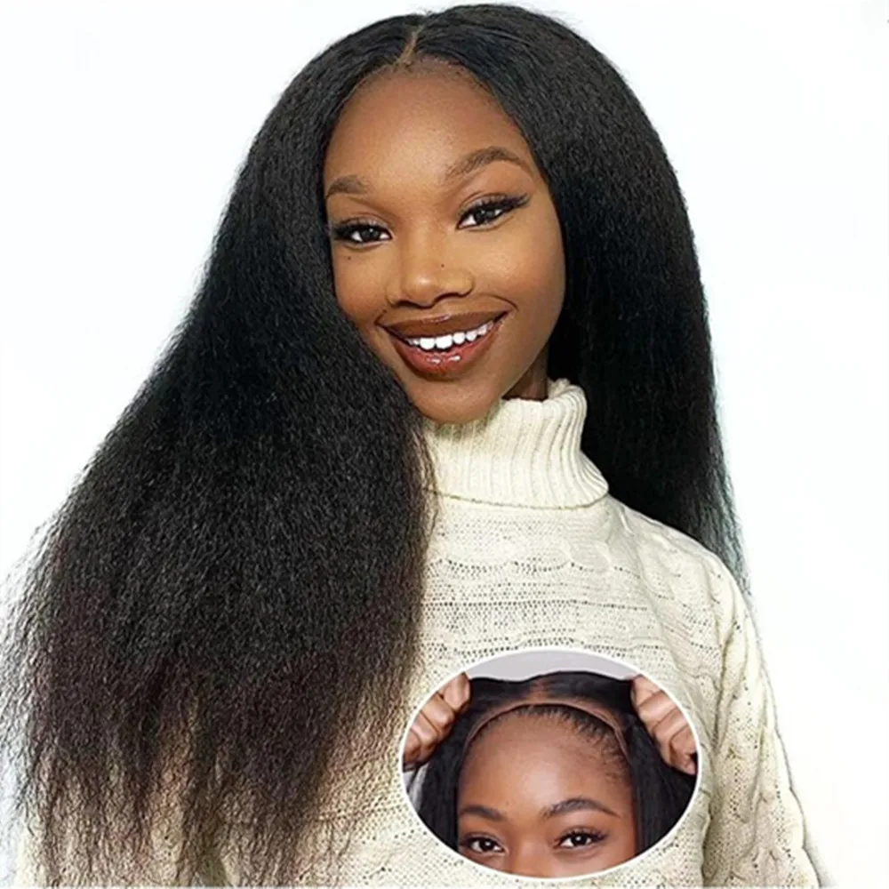 Put On and Go 4x4 Yaki Straight Glueless Lace Front Perücken aus Echthaar, vorgezupft, für Frauen, brasilianisch, 180 % Dichte, natürliche Farbe