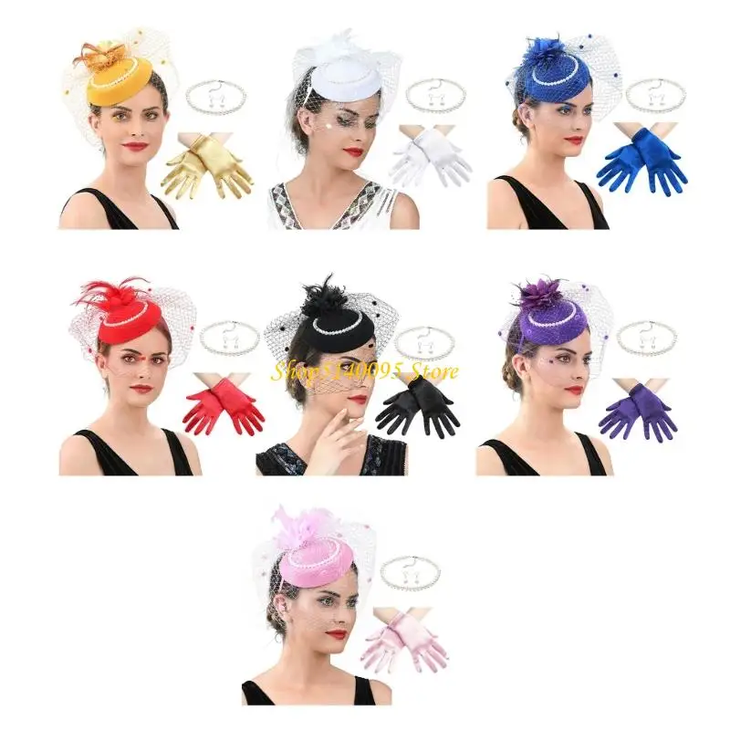 

DXAE Wedding Hat For Ladies Breathable Lace Gloves Necklace Imitation Pearls Embellished Headwear Special Event Essential