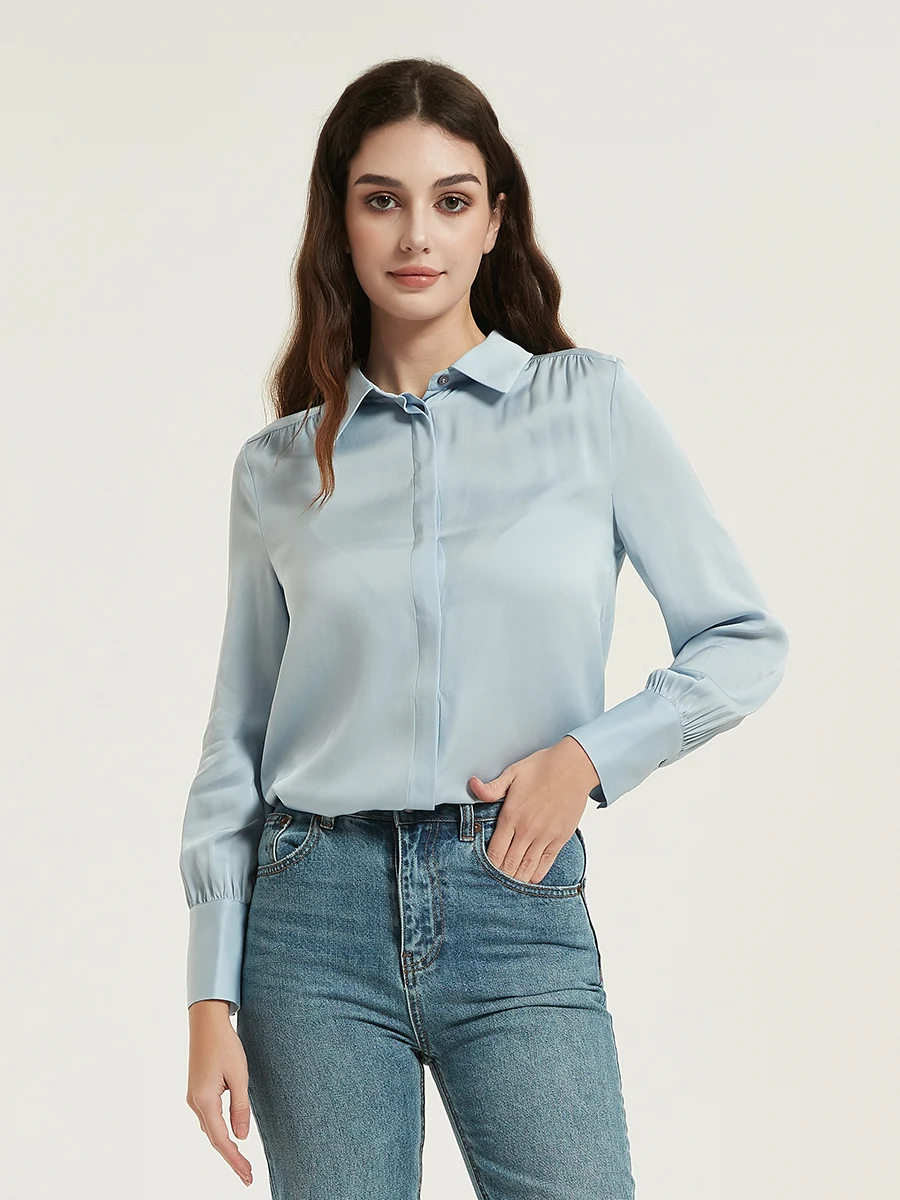 SuyaDream, Woman White Shirts, 95%Mulberry Silk 5%Spandex, Turn Down Collar Solid Blouses 2024 Spring Summer Office Lady Top