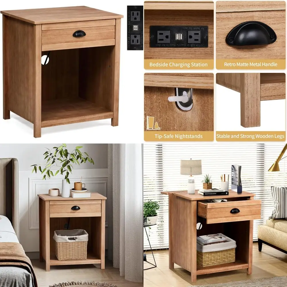 charging station nightstand in farmhouse style, pine wood with drawer for bedroom use