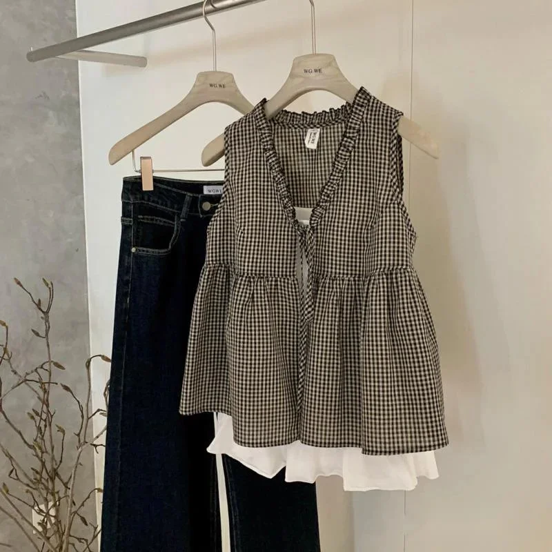 

Korean Plaid Tops & Tees Chic Design Niche Shirt Vest Skirt Adult Summer Thin Sleeveless Outer Doll Shirt Top Women Tee New